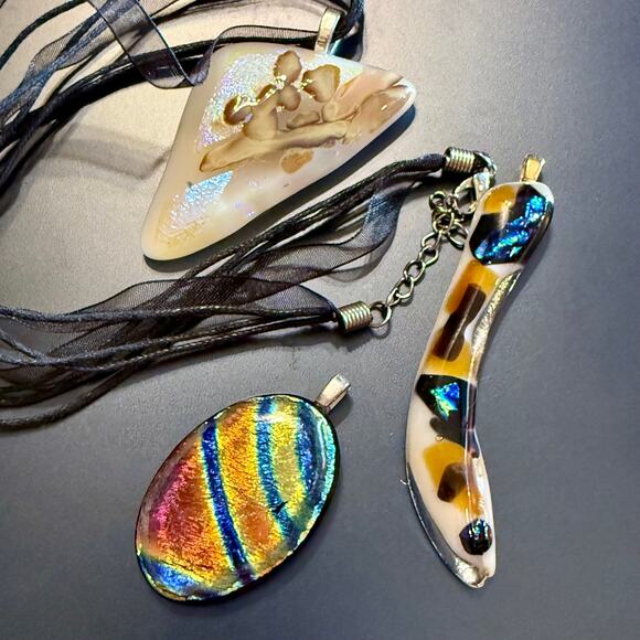 Trio of Unique Handcrafted Colorful Artisan Glass Pendants - Picture 1 of 8